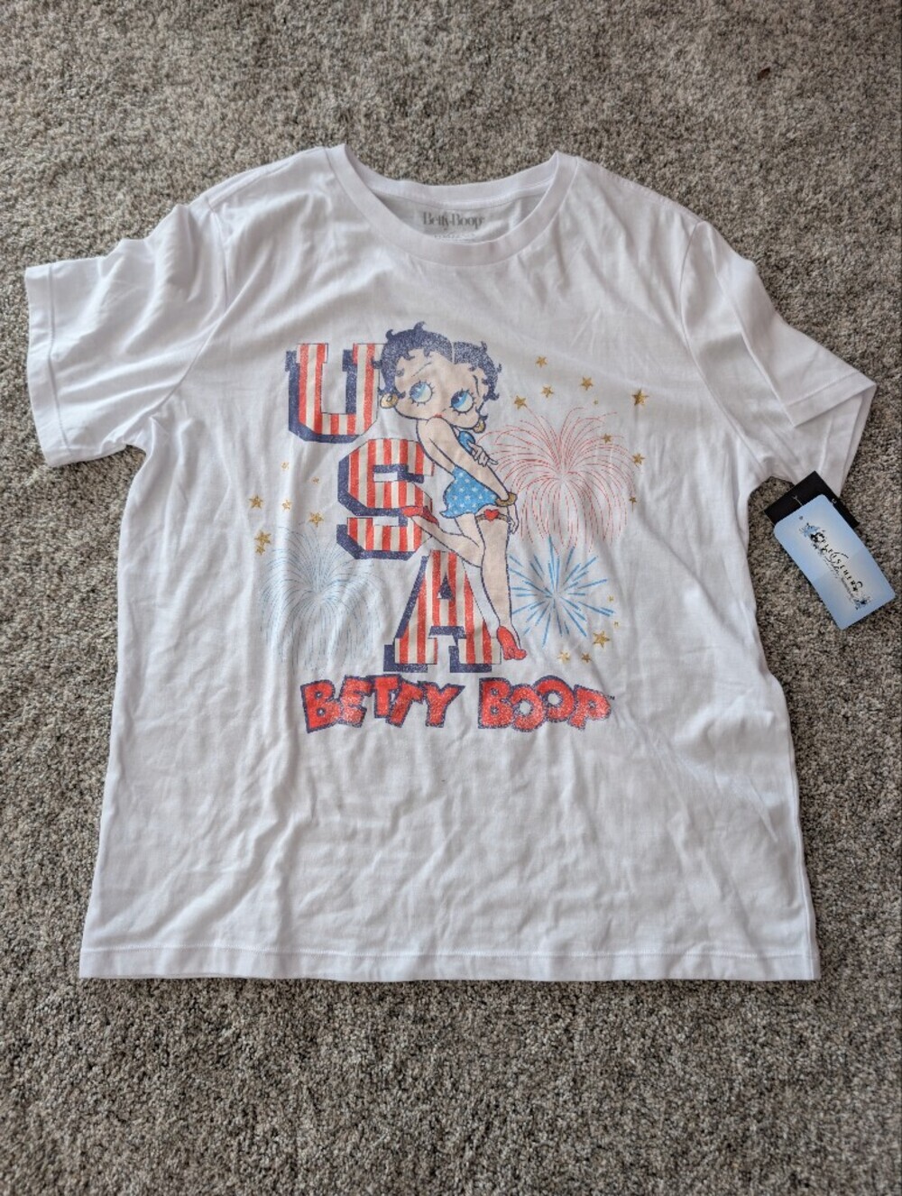 NWT Betty Boop USA Patriotic Graphic Tee Size L 4th of July White Shirt